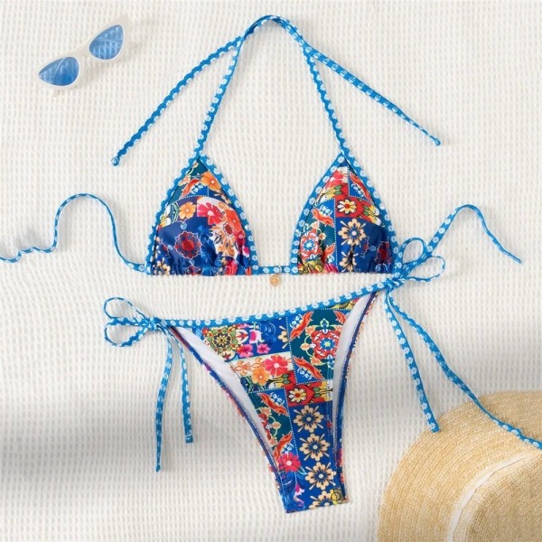 Blue Floral Print Triangle Bikini Set - Sexy Micro Mini Tanga Swimsuit