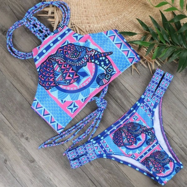 Maillot de bain multicolore imprimé éléphant pour femme, ensemble de bikini bas, coussinets push-up, tenue de plage, vente en gr