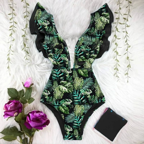 Floral Print One-Piece Ruffle Swimsuit - Tropical Beachwear