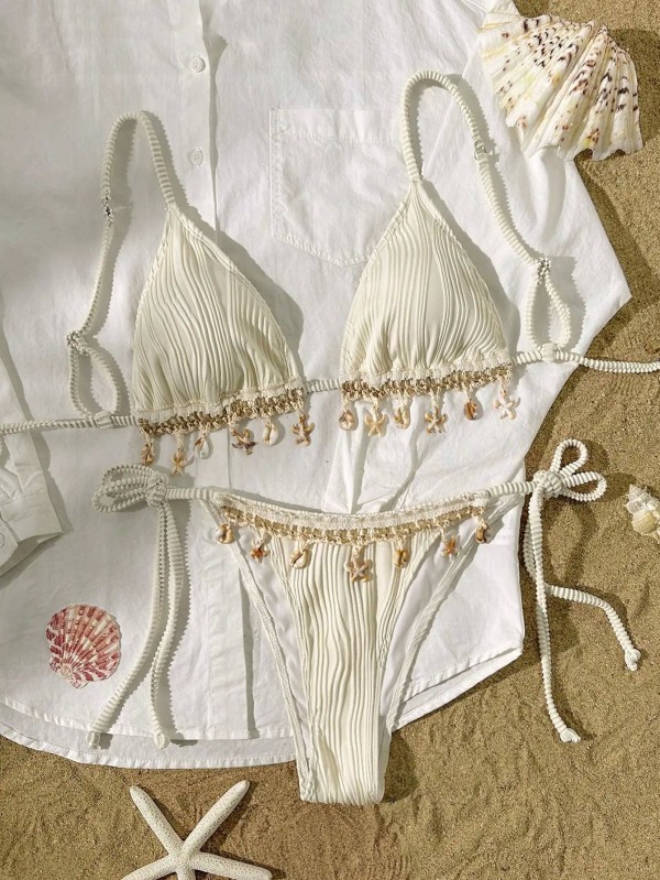 Women's Textured Solid Color Bikini Set with Shell Strap and Triangle Cup