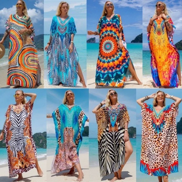 Beach Cover-Up Dress for Women - 2025 New Cotton Printed Color Loose Bikini Robe