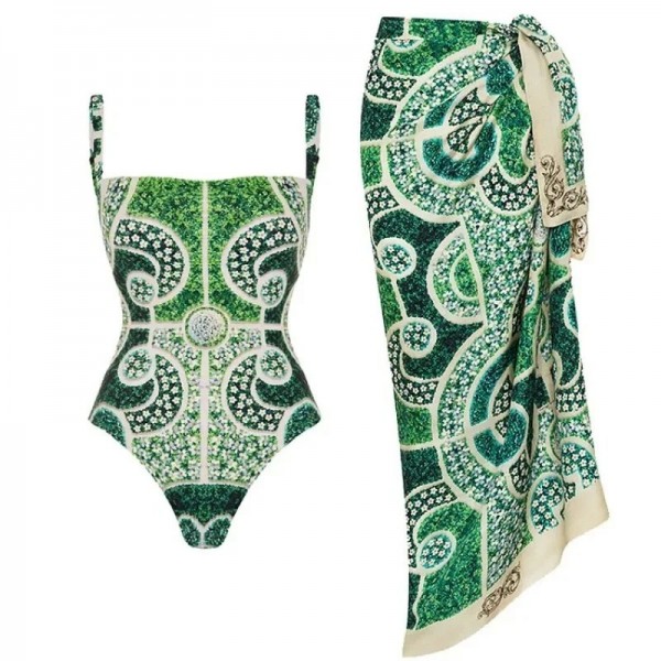 Traje de baño una pieza estampado verde étnico 2025
