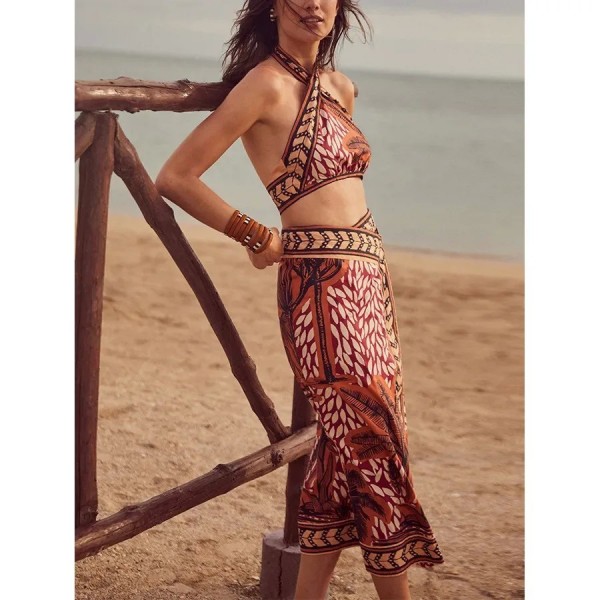 Bohême Bikini ensemble pour femmes Boho plage maillot de bain décontracté Floral Pirnted col suspendu Sexy jupe portefeuille tro