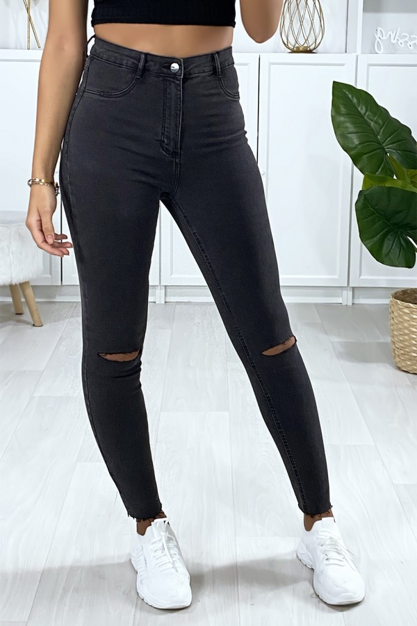 Jeans slim anthracite déchiré genoux poches arrière