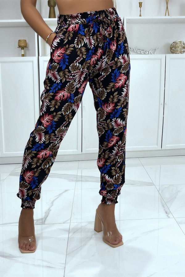 Pantalón estampado hojas, elástico en cintura